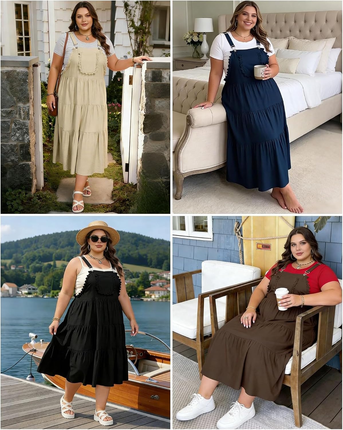 Moon Wood Plus Size Overall Dress for Women Casual Bib Jumper Dress Summer Maxi Dress with Pockets Adjustable Straps