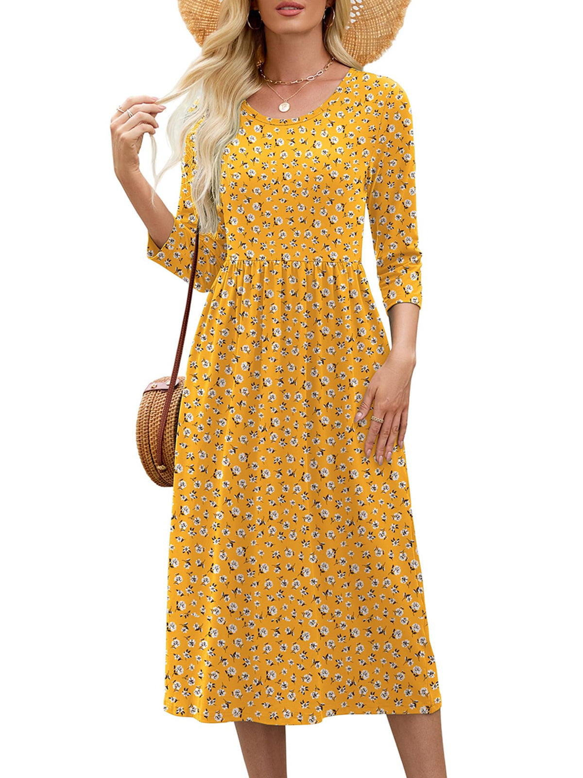 Heymoments Women's Casual 3/4 Sleeve Midi Dress with Pockets