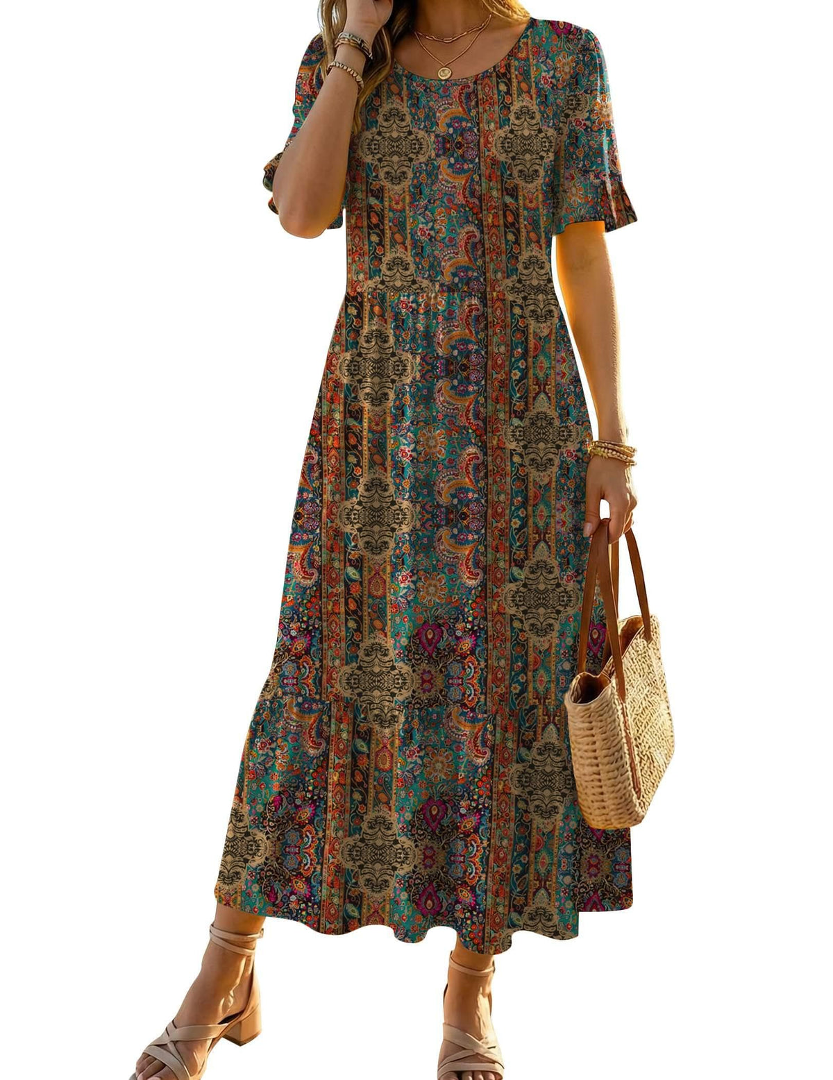 Zeagoo Womens Summer Dresses 2026 Casual Midi Dress Flowy Sundress Ruffle Short Sleeve Tiered Dresses A Line Boho Dress