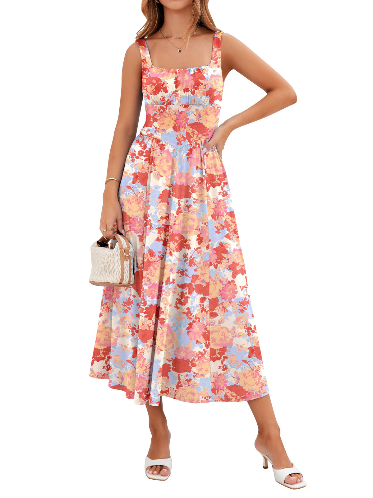 YIOYOLA Womens Casual Summer Dress with Pockets | Sleeveless Square Neck Flowy A-Line Midi Sundress for Beach & Wedding Guest