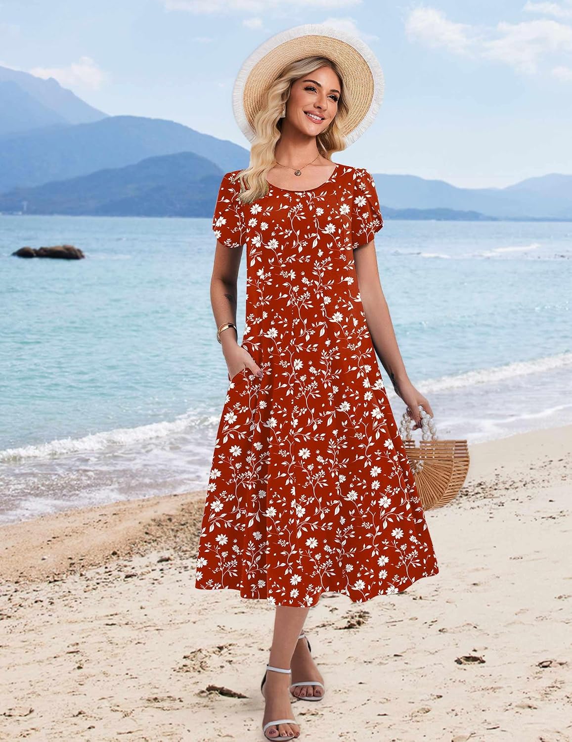 HOTOUCH Summer Dresses for Women 2026 Casual Midi Dress Petal Short Sleeve A Line Dress Pleated Flare Sundress