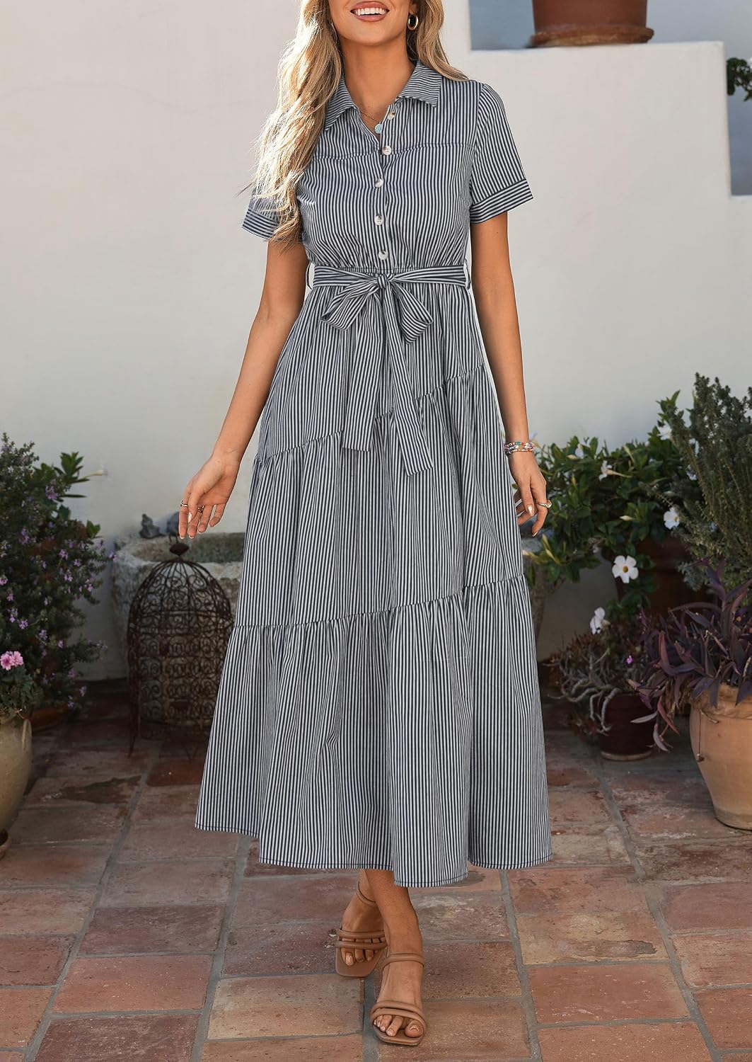 PRETTYGARDEN Women Striped Button Up Maxi Shirt Dress