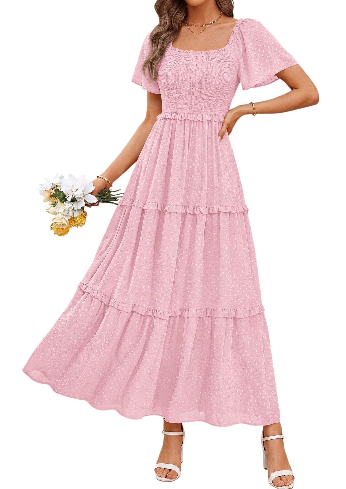 PRETTYGARDEN Womens Summer Dresses Boho Maxi Swiss Dot Dress