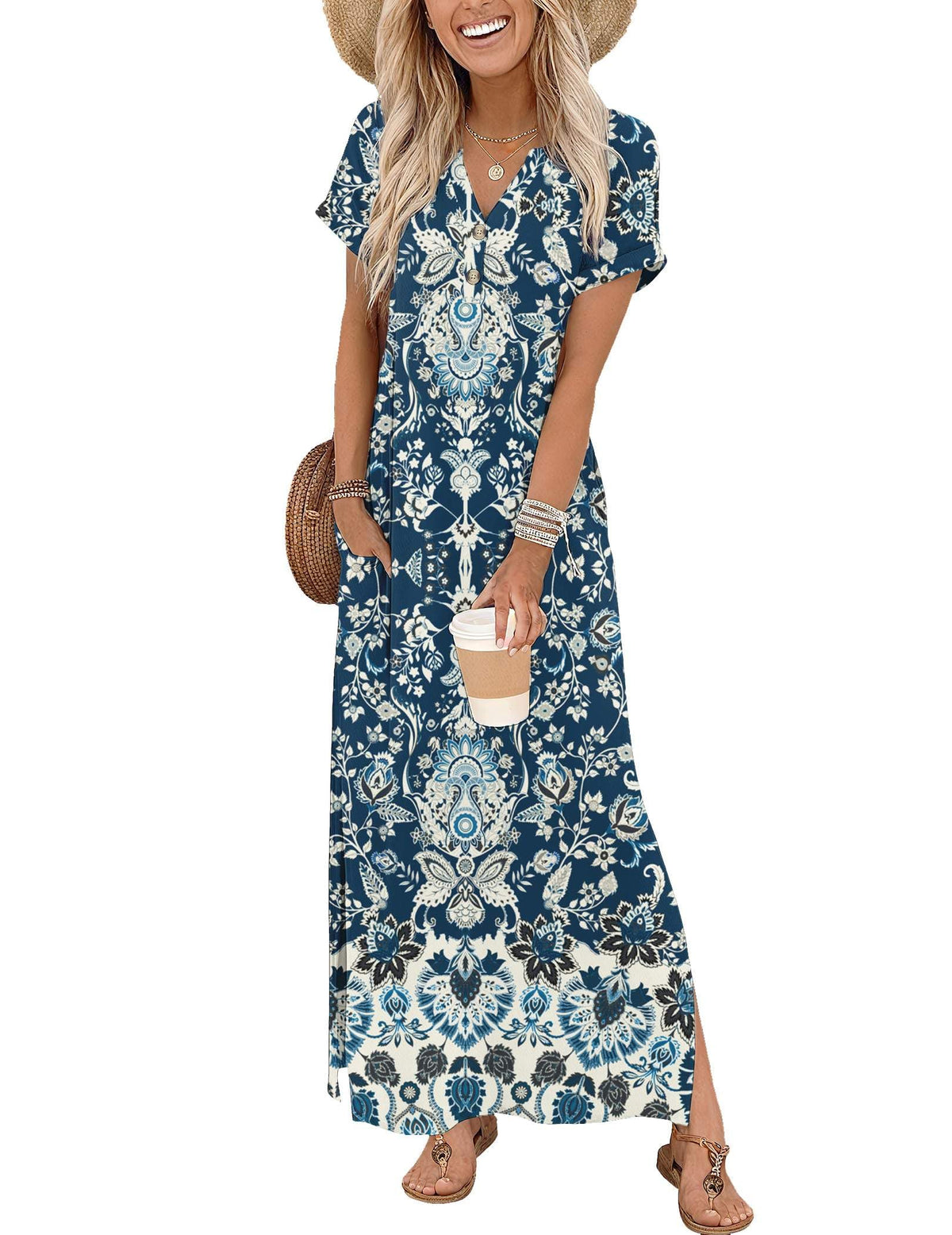 Zeagoo Summer Dresses for Women 2026 Maxi Dresses Vacation Sundress Short Sleeve Casual Sundresses Split Dress with Pockets