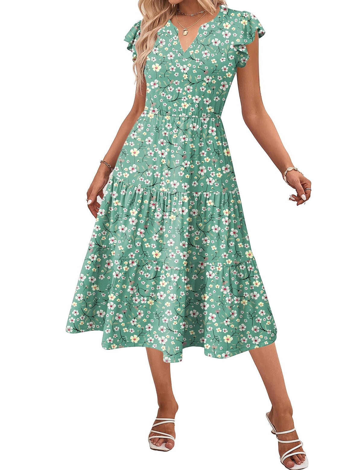 ZEAGOO Womens Summer Casual Dresses Ruffle Sleeve V Neck Midi Dress Flowy Tiered Dress with Pockets Boho Sundresses