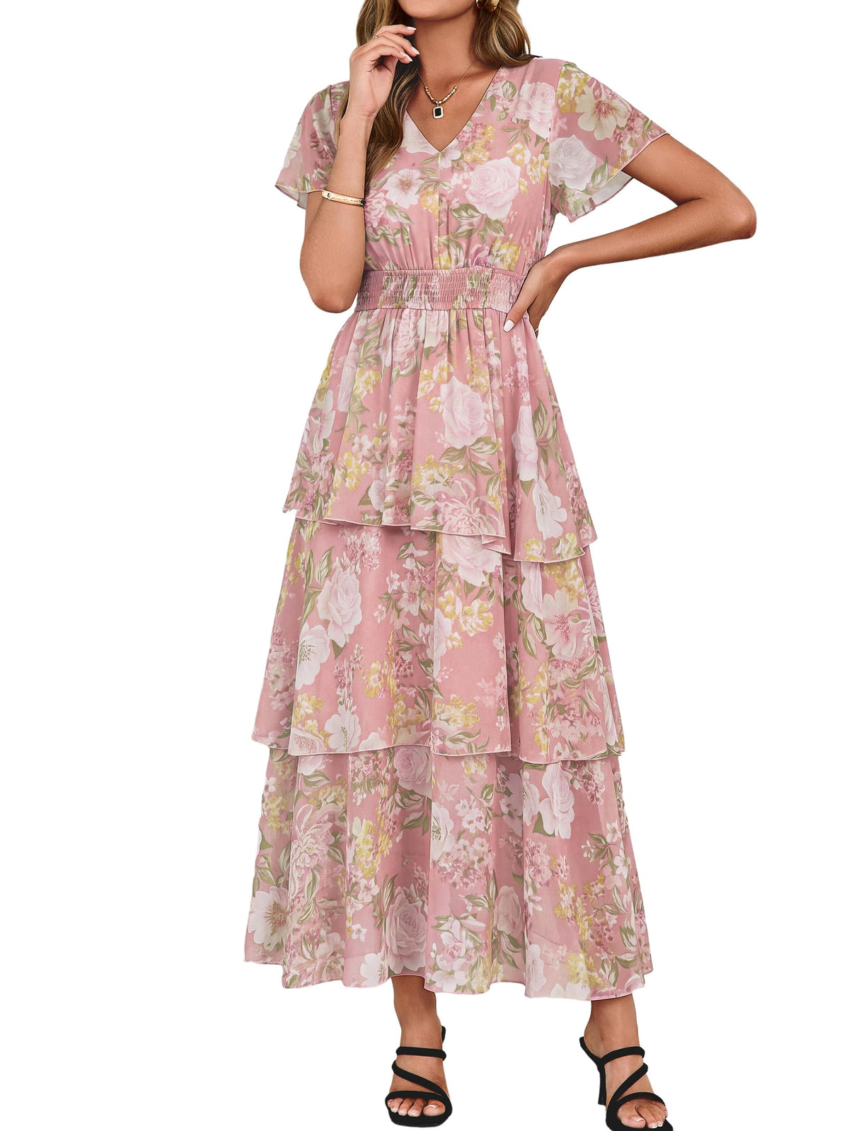 Simplee Women Floral Summer Maxi Dress Boho Flowy Ruffle Tiered Short Sleeves V Neck Long Wedding Guest Dresses