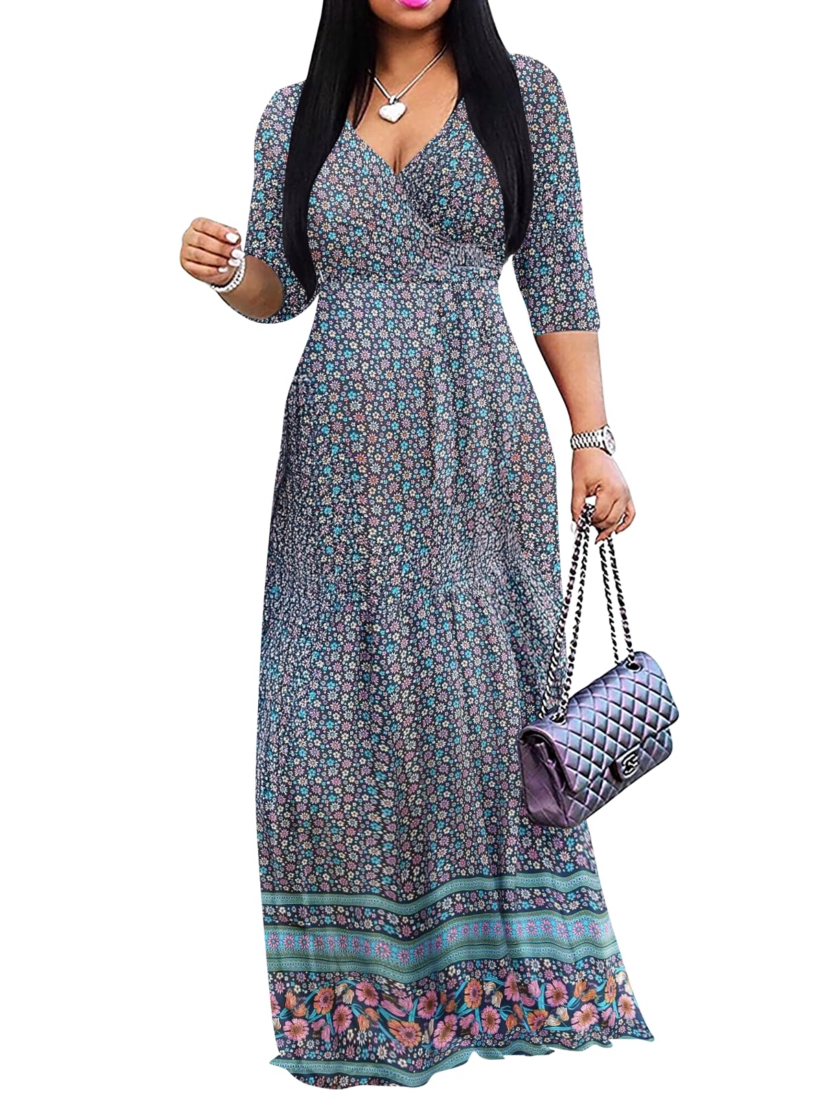 Yajedo Womens Casual Summer Maxi Dress Plus Size Sexy Wrap V Neck 3/4 Sleeve Sundress with Pockets