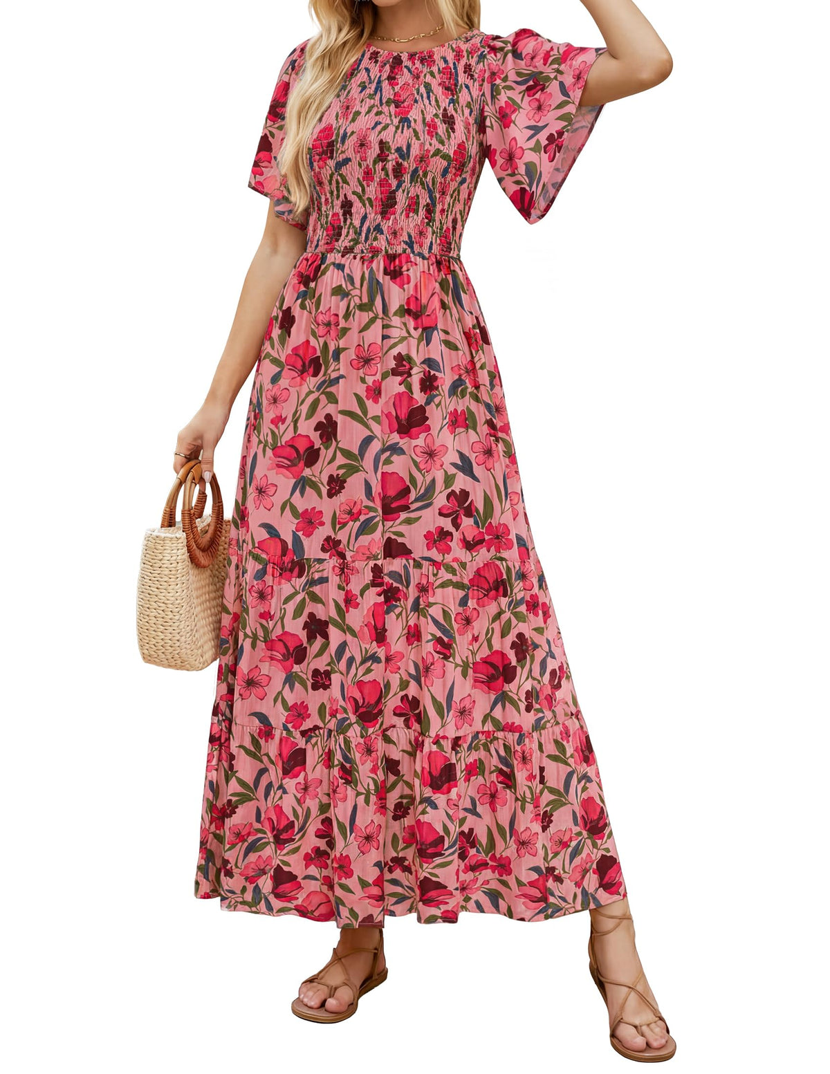 ZESICA Women's Summer Boho Floral Smocked Short Sleeve Maxi Dress