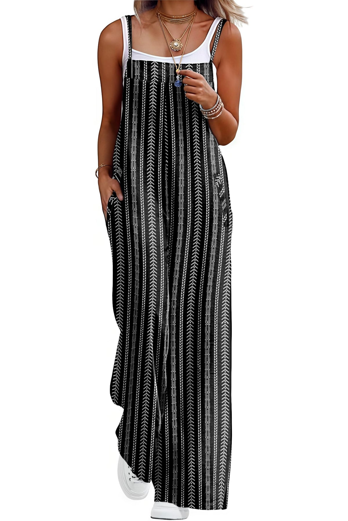 Lepunuo Womens Casual Loose Jumpsuits Summer Boho Wide Leg Rompers Sleeveless Overalls with Pockets