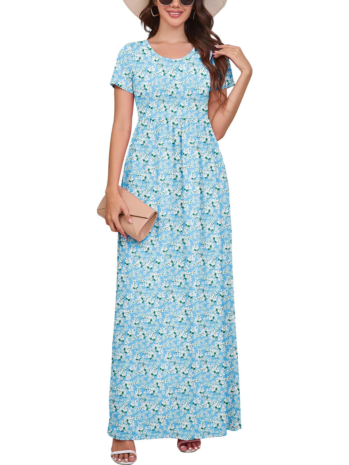 DEARCASE Maxi Dress for Women Short Sleeve Casual Summer Loose Plain Comfy Long Dresses with Pockets