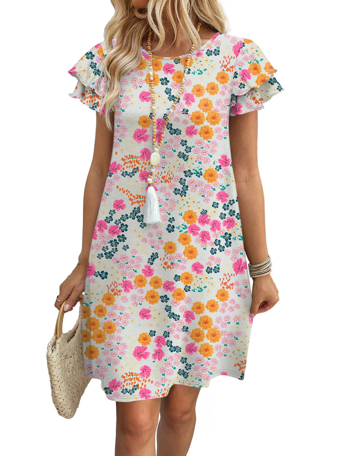 OFEEFAN Womens Summer Dresses 2026 Ruffle Sleeve Round Neck Loose Swing Sundresses with Pockets Plain/Print