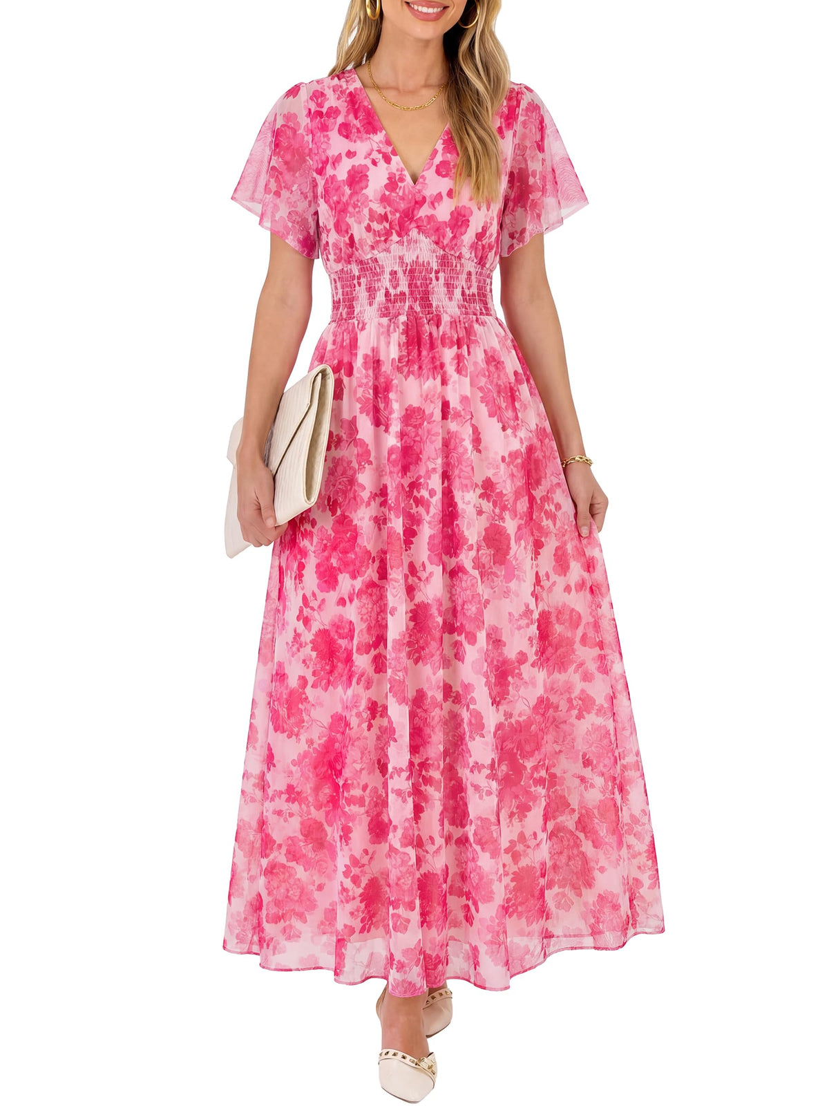 ANRABESS Women's Floral Tulle Wedding Guest Short Sleeve Maxi Dress