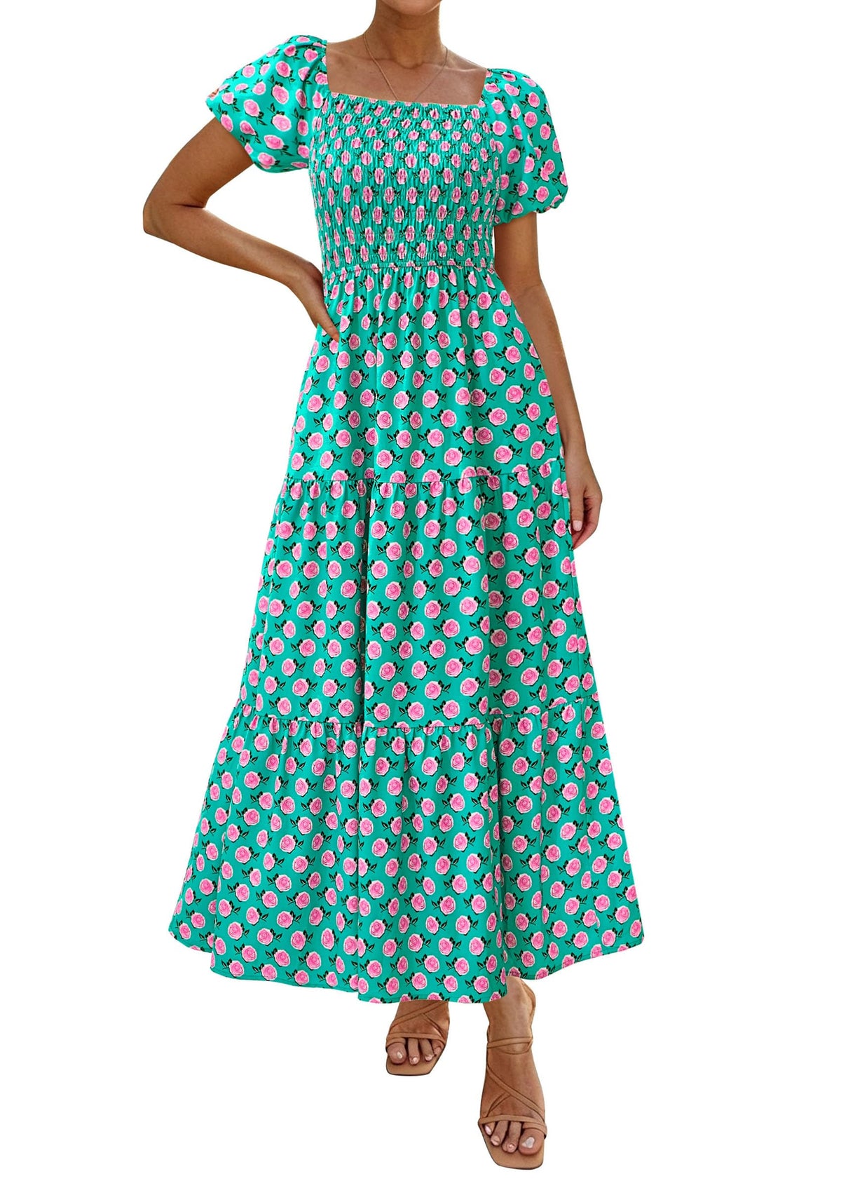 PRETTYGARDEN Womens Puff Short Sleeve Maxi Dress