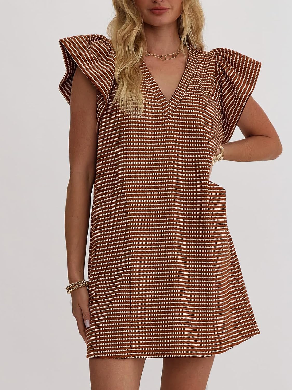 Mieazom Striped V-Neck Mini Dress for Women Puff Sleeve Casual Dress with Pockets, Comfortable & Stylish for Summer