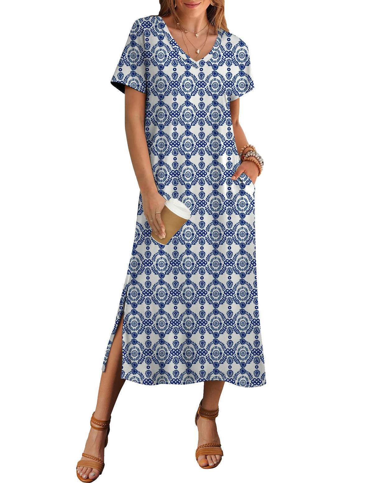 Zeagoo Women Summer Floral Dress Short Sleeve Beach Dress with Pockets Casual V-Neck Split Long T-Shirt Dress Travel Vacation