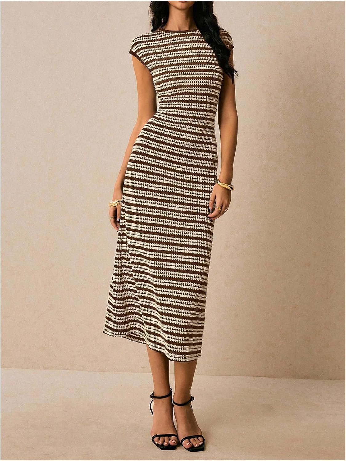 SOLY HUX Women's Striped Midi Dress Casual Work Knit Bodycon Summer Dresses