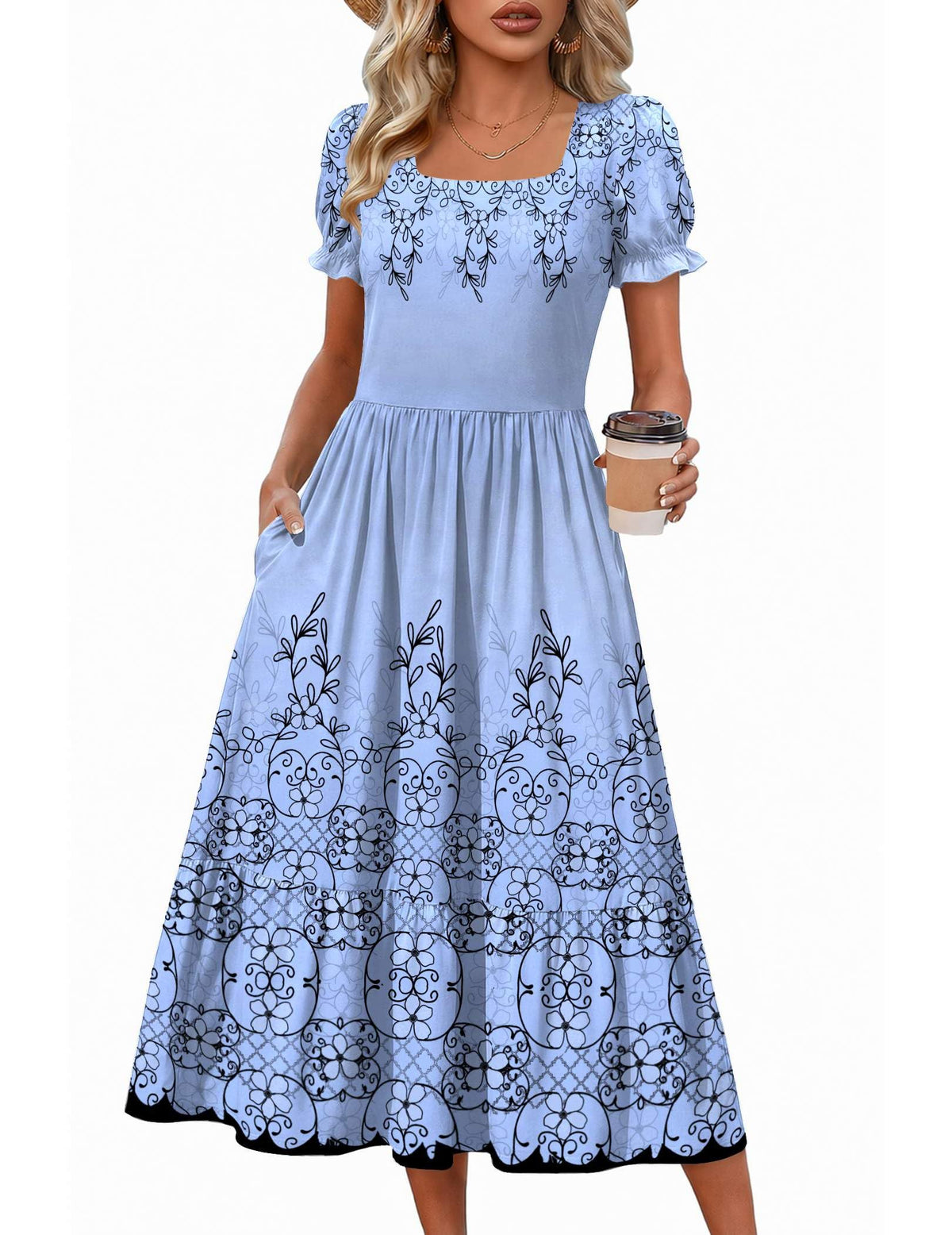 Zeagoo Summer Dresses for Women Flowy Casual Midi Dress Short Sleeve Tiered Dress Beach Vacation Sundresses with Pockets