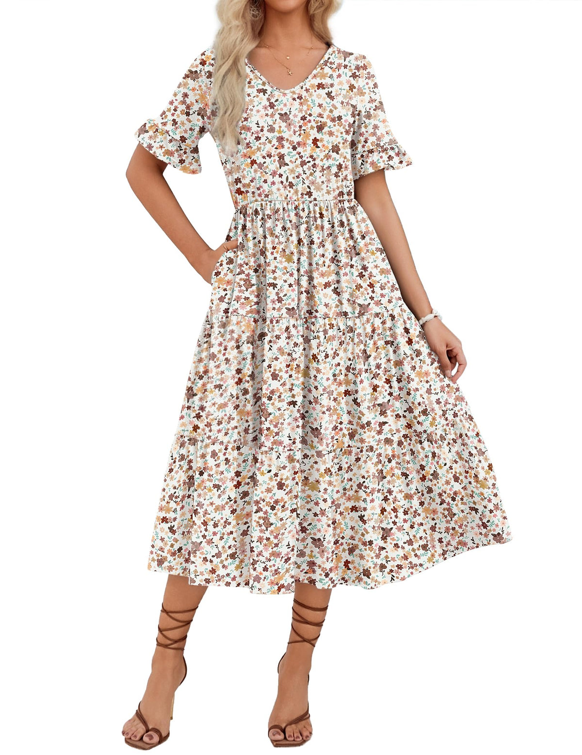 ZEAGOO Women's Summer Dresses Midi Tiered Casual Dress Floral V Neck Ruffle Short Sleeve Flowy Beach Dress with Pockets