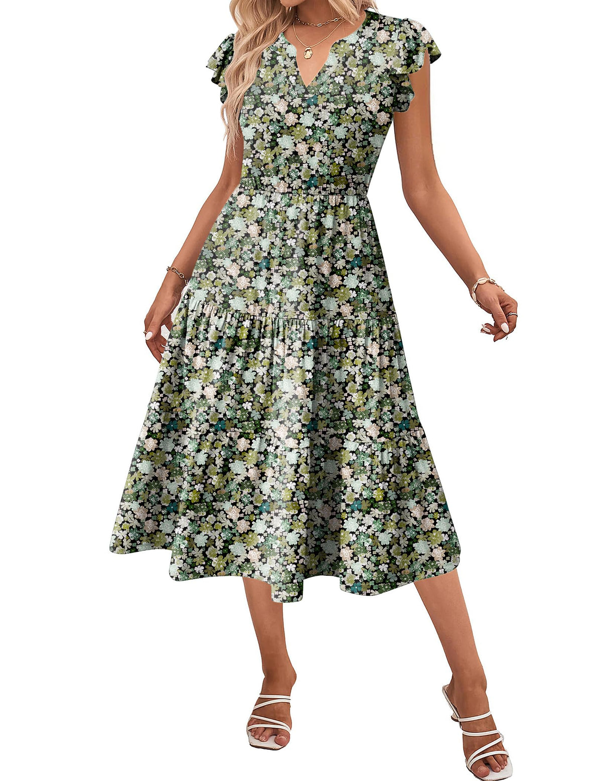 ZEAGOO Womens Summer Casual Dresses Ruffle Sleeve V Neck Midi Dress Flowy Tiered Dress with Pockets Boho Sundresses