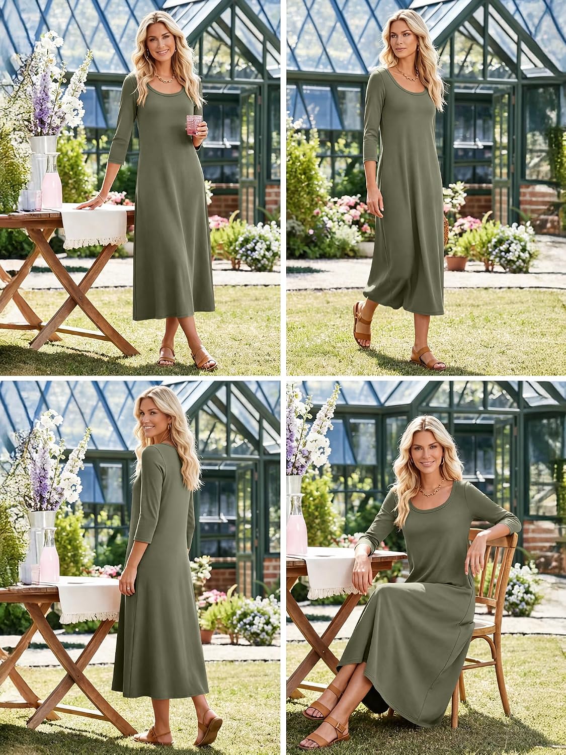 ANRABESS Womens 3/4 Sleeve Scoop Neck Casual Maxi Dress