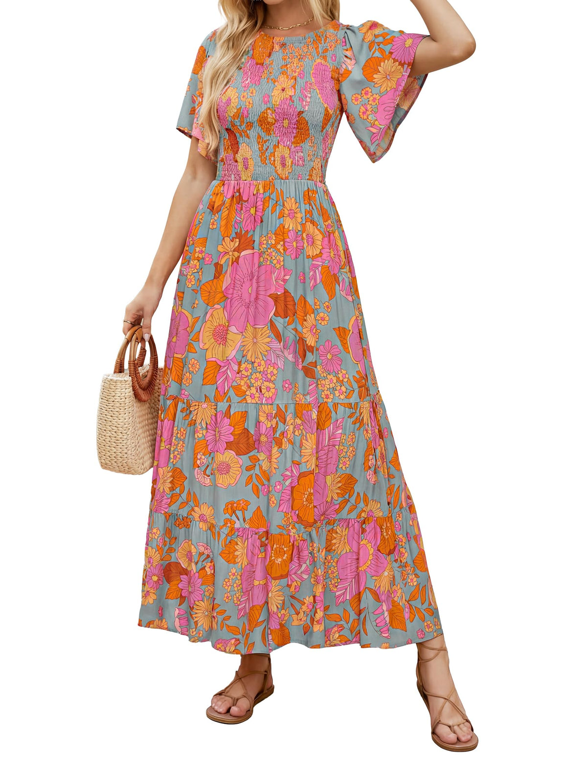 ZESICA Women's Summer Boho Floral Smocked Short Sleeve Maxi Dress