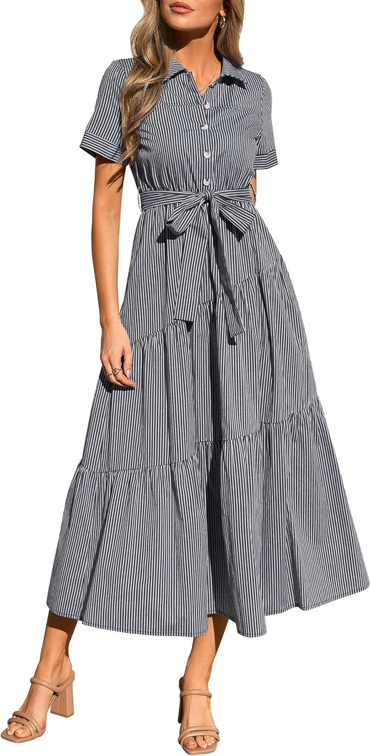 PRETTYGARDEN Women Striped Button Up Maxi Shirt Dress