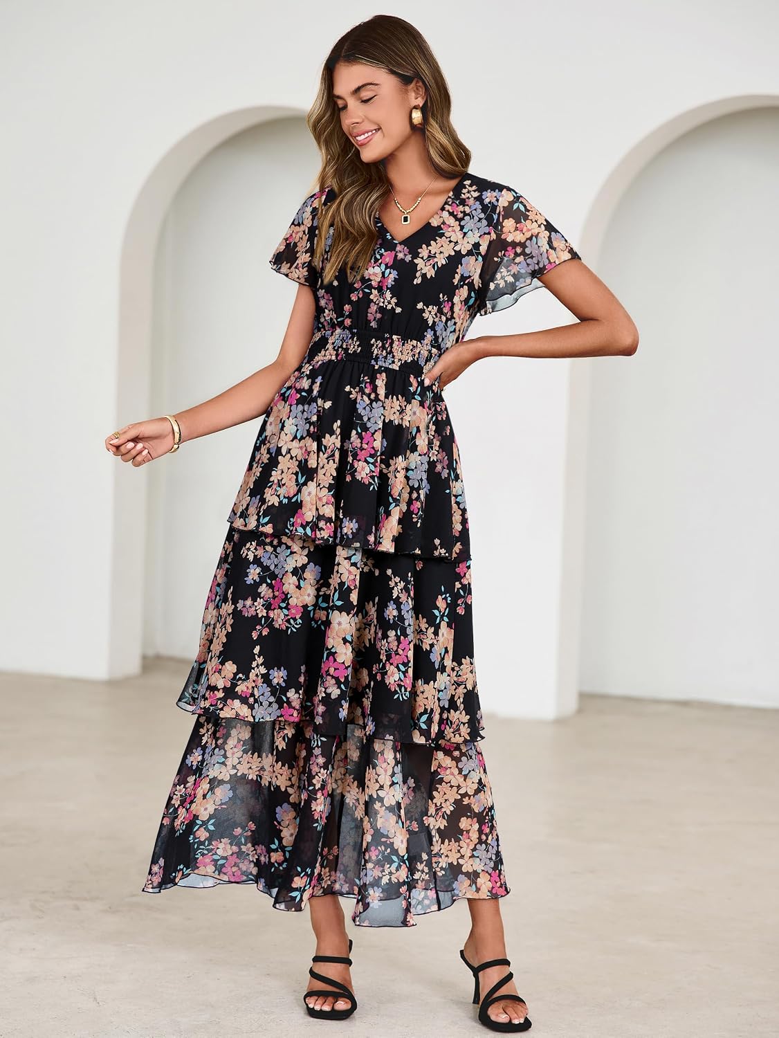 Simplee Women Floral Summer Maxi Dress Boho Flowy Ruffle Tiered Short Sleeves V Neck Long Wedding Guest Dresses