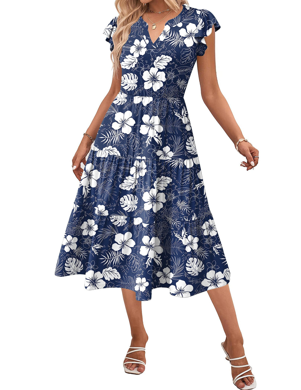 ZEAGOO Womens Summer Casual Dresses Ruffle Sleeve V Neck Midi Dress Flowy Tiered Dress with Pockets Boho Sundresses