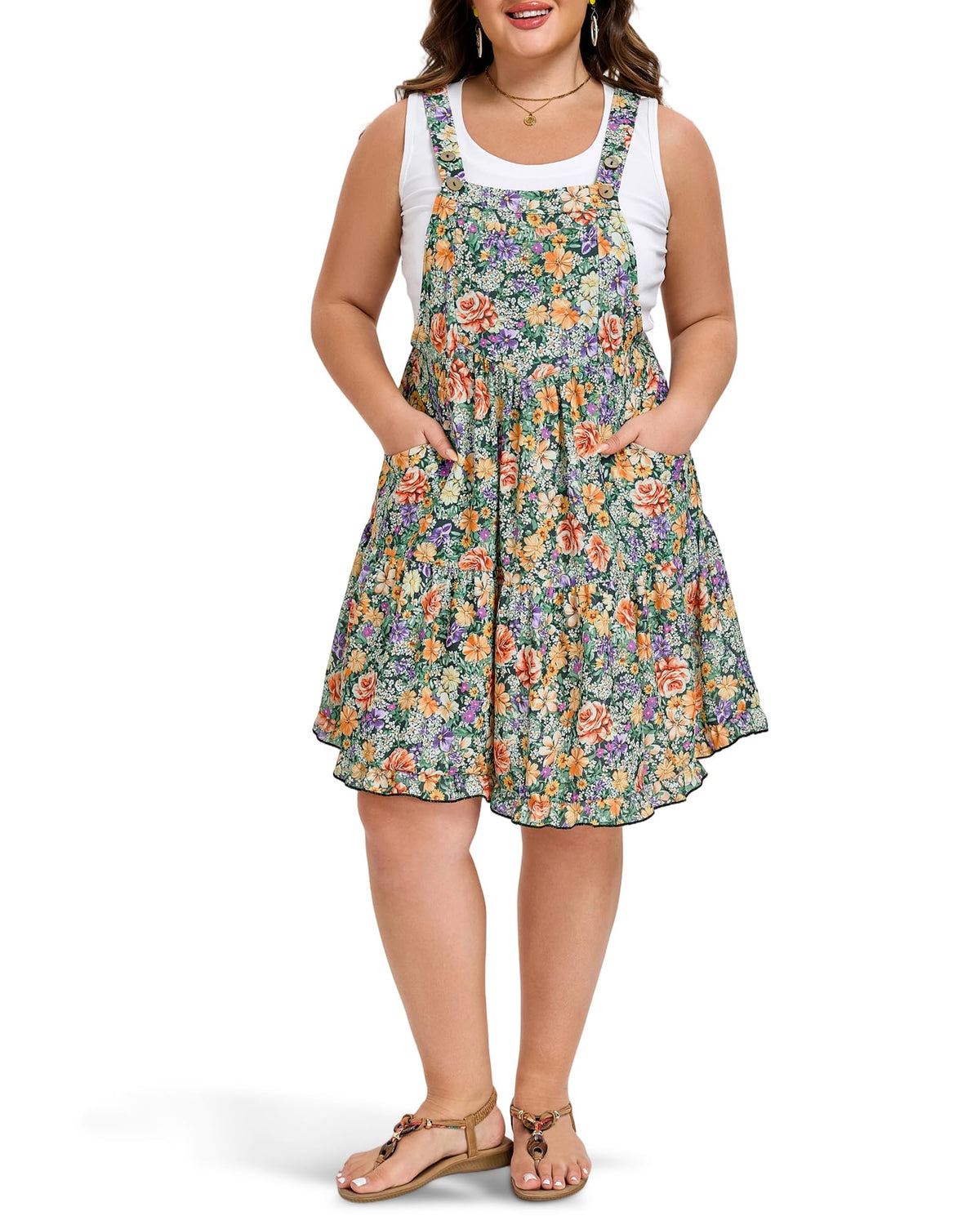 Moon Wood Plus Size Overall Dress for Women Adjustable Straps Jumper Pinafore Dress with Pockets Summer Mini Short Dress