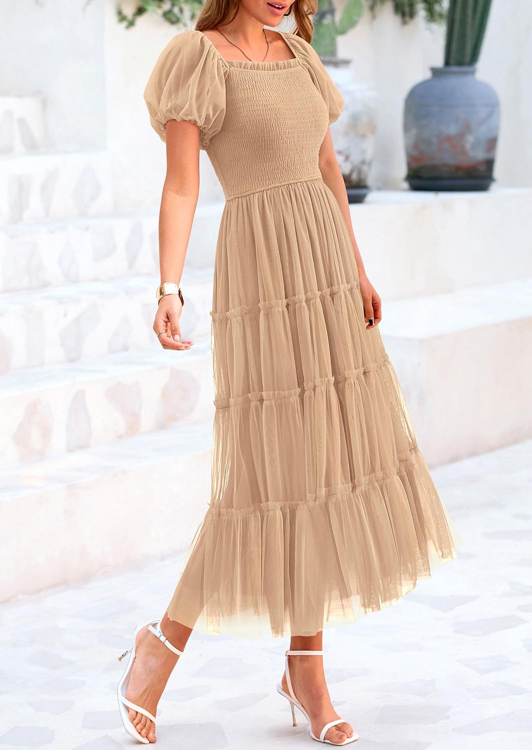 PRETTYGARDEN Women's Summer Smocked Midi Tulle Dress