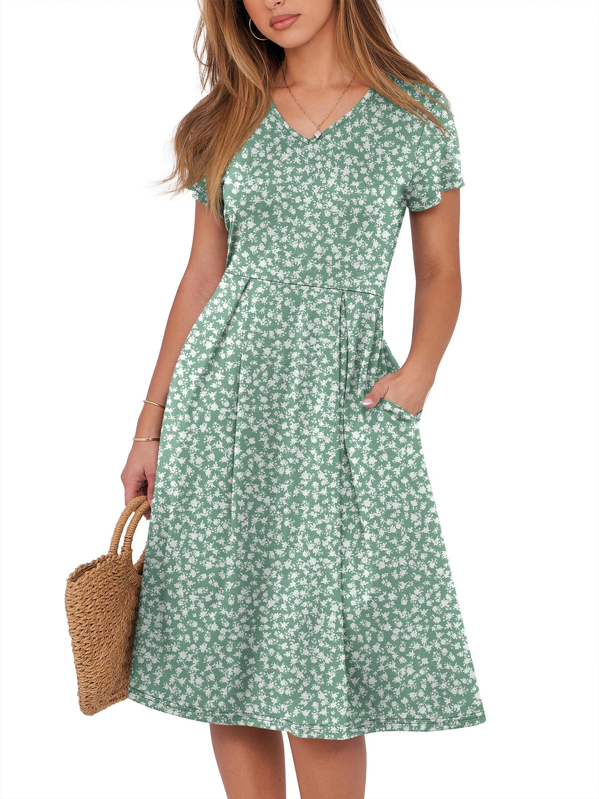 ANRABESS Women Summer Dress Casual Short Sleeve V Neck A-Line Knee Length Pleated Flowy 2026 Fashion Midi Dresses with Pocket