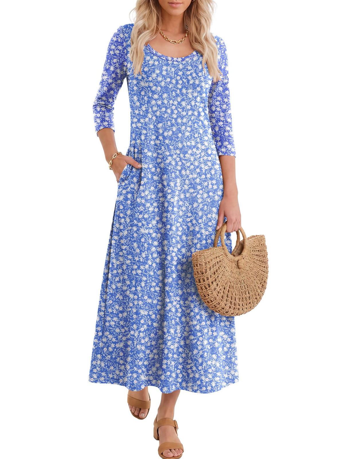 ANRABESS Womens 3/4 Sleeve Scoop Neck Casual Maxi Dress