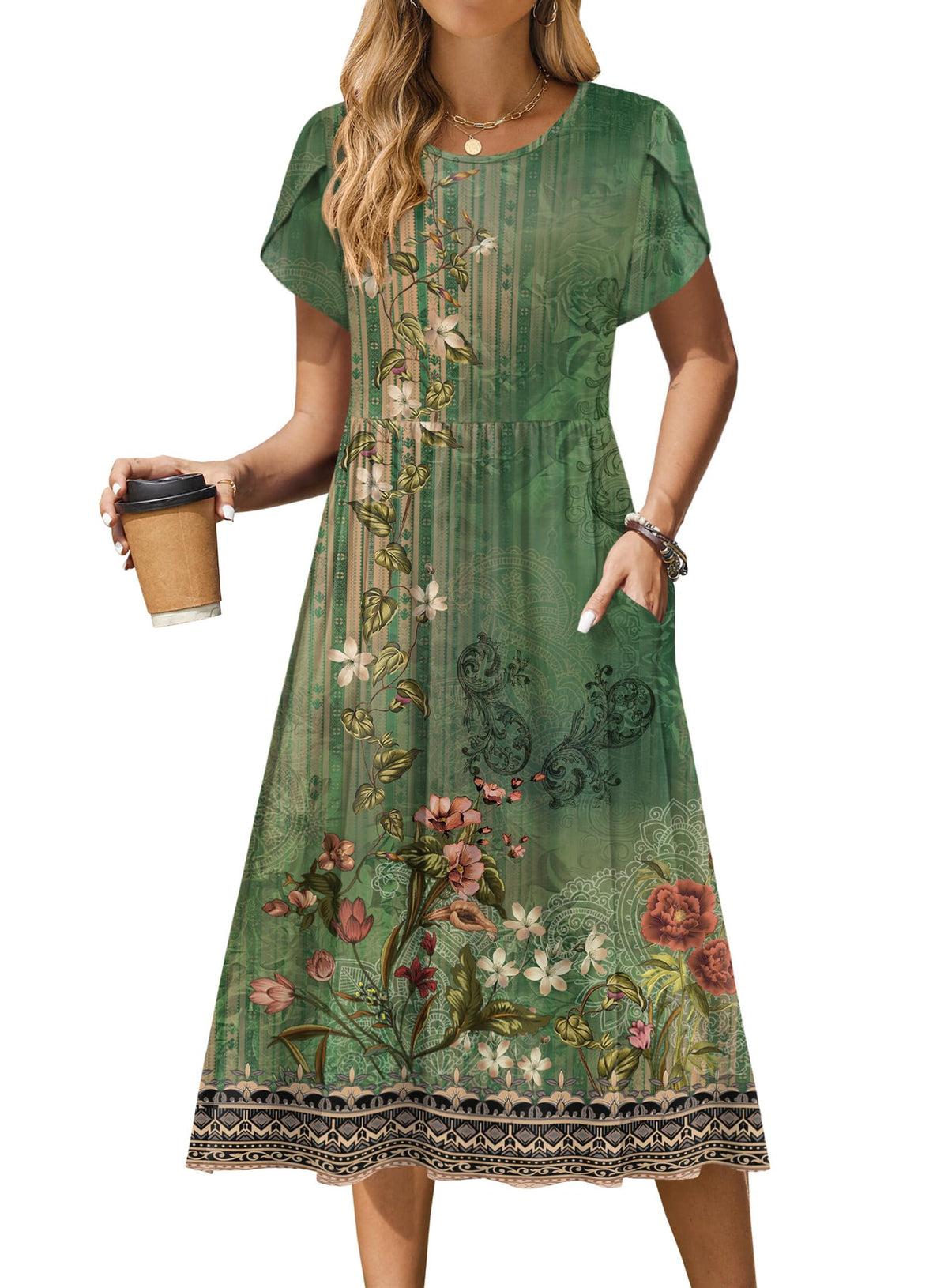 Zeagoo Womens Summer Dresses Casual Aline Midi Dress Short Sleeve Floral Tshirt Dress Flowy Beach Sundresses with Pockets