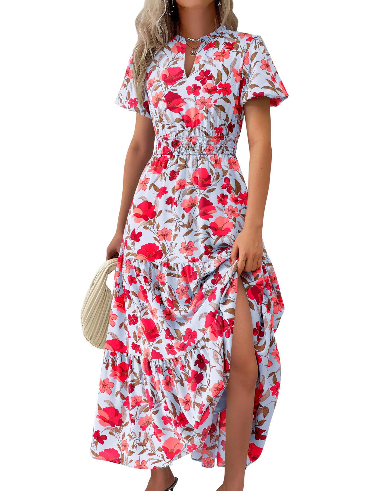 MASCOMODA Summer Maxi Dresses for Women 2026 Short Sleeve Long Floral Dress