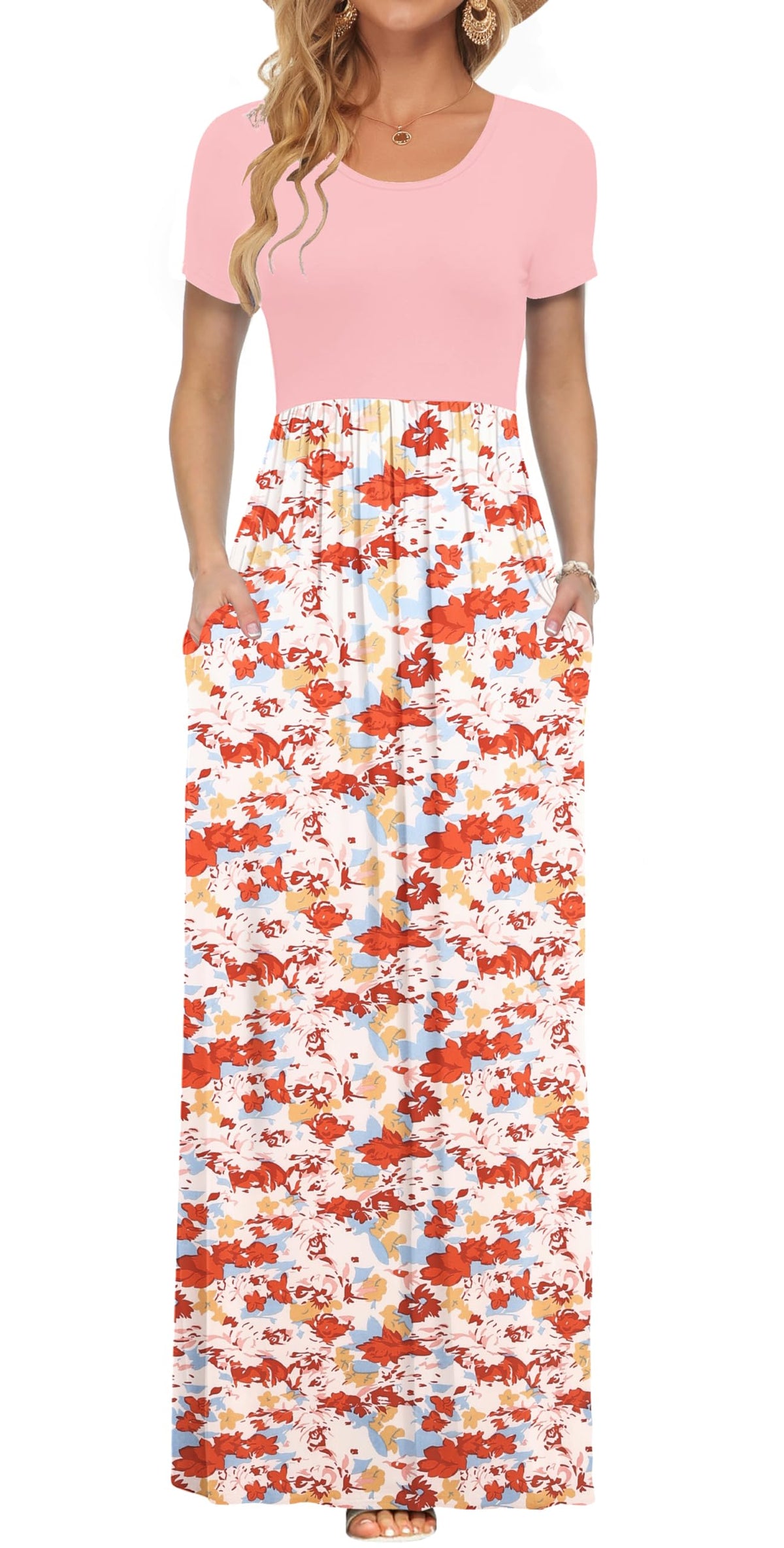 AUSELILY Women's Summer Short Sleeve Loose Plain Casual Long Maxi Dresses