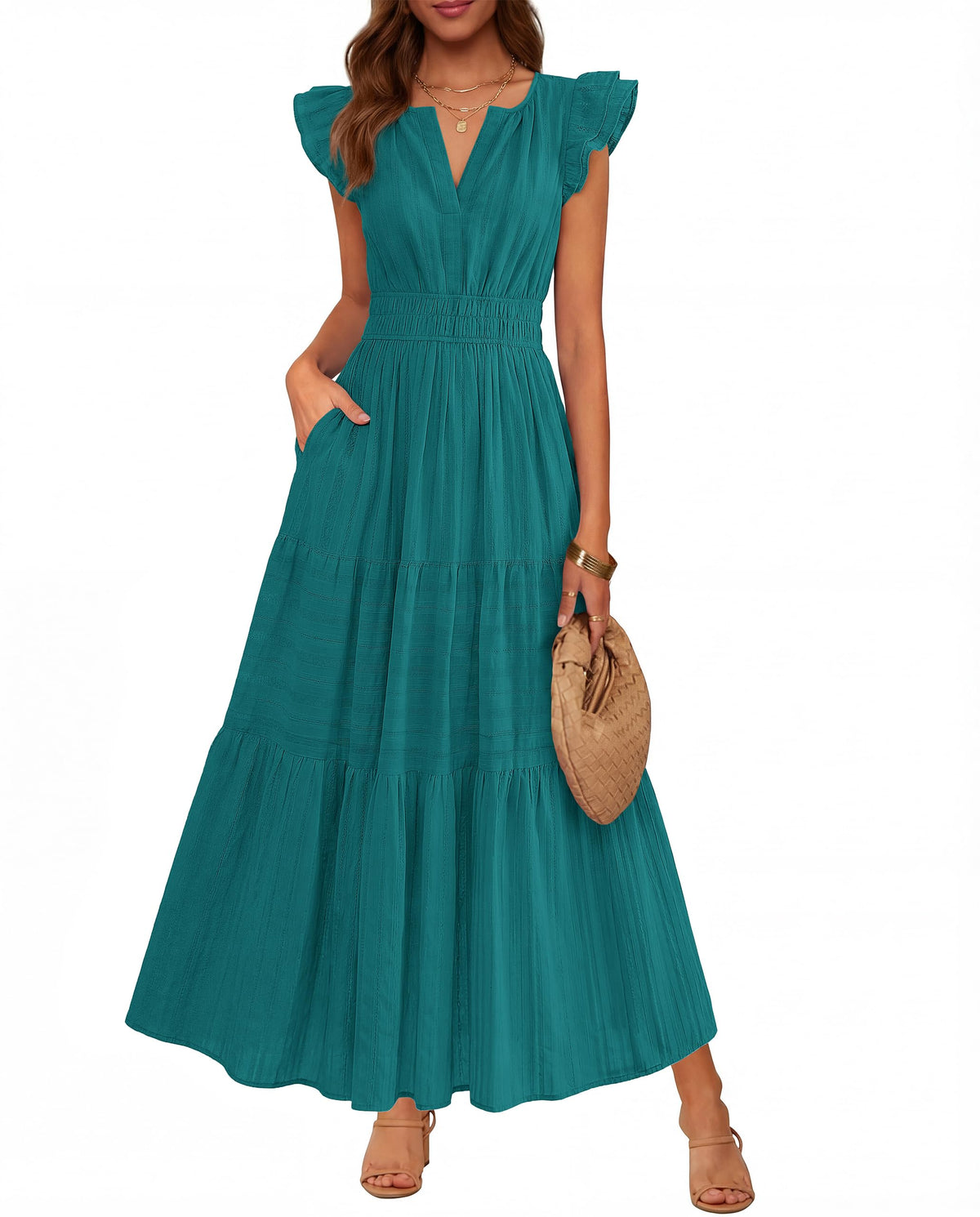 BTFBM Womens Summer Casual Ruffle Sleeve Maxi Dress