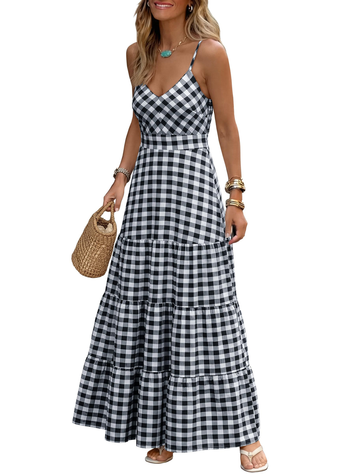 Caracilia Womens Summer Gingham Striped Flowy Spaghetti Strap Maxi Dress