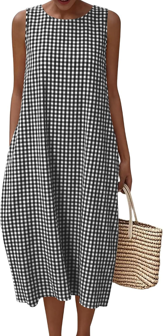 LOMON Womens Summer Sleeveless Dress Cotton Gingham Striped with Pockets