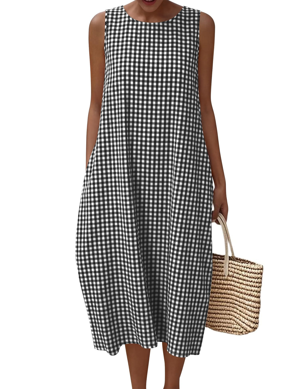 LOMON Womens Summer Sleeveless Dress Cotton Gingham Striped with Pockets