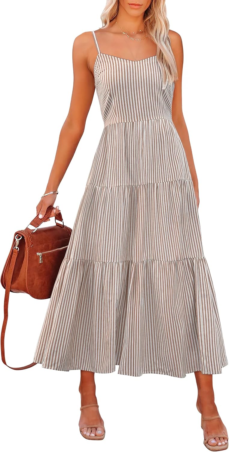 ANRABESS Womens Summer Striped Gingham Midi Dresses Casual Beach Sundress