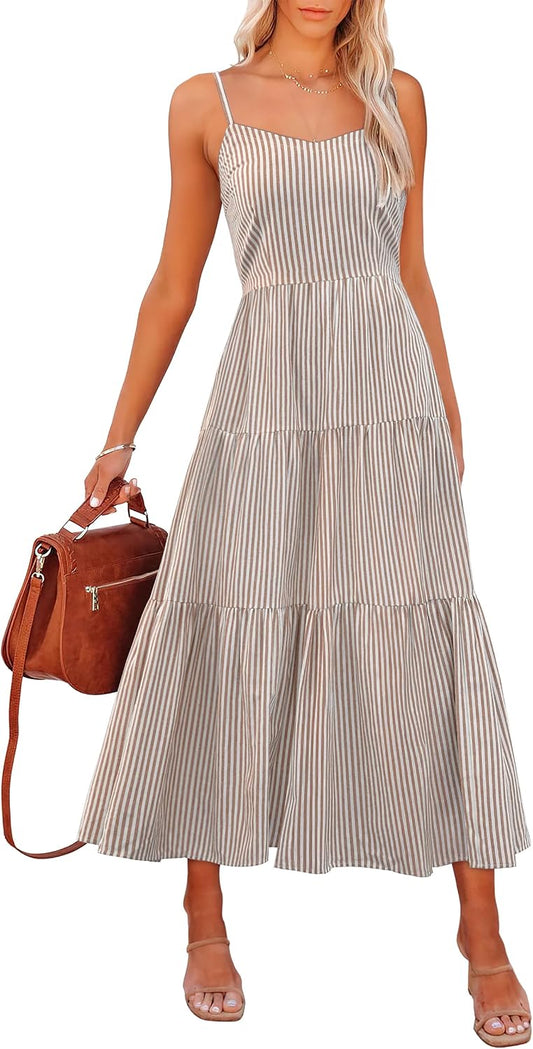ANRABESS Womens Summer Striped Gingham Midi Dresses Casual Beach Sundress