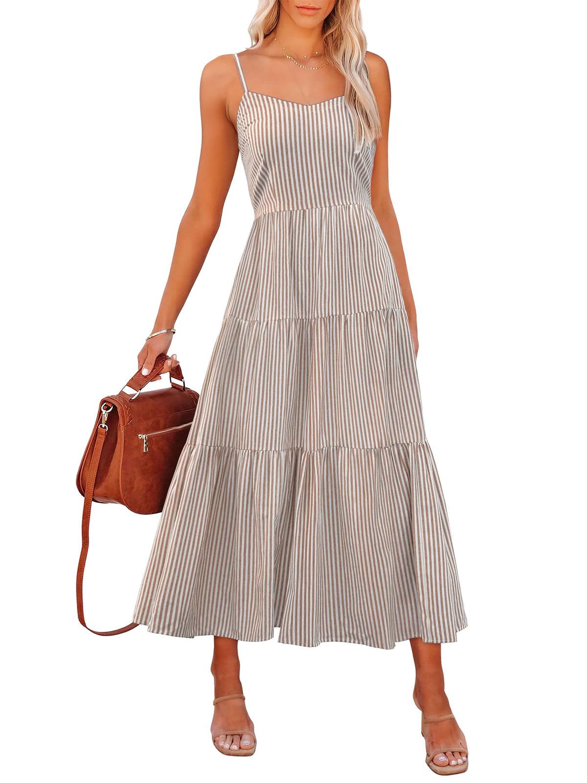 ANRABESS Womens Summer Striped Gingham Midi Dresses Casual Beach Sundress