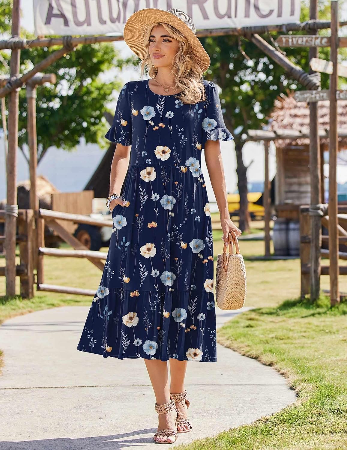 Zeagoo Womens Summer Dresses 2026 Casual Midi Dress Flowy Sundress Ruffle Short Sleeve Tiered Dresses A Line Boho Dress