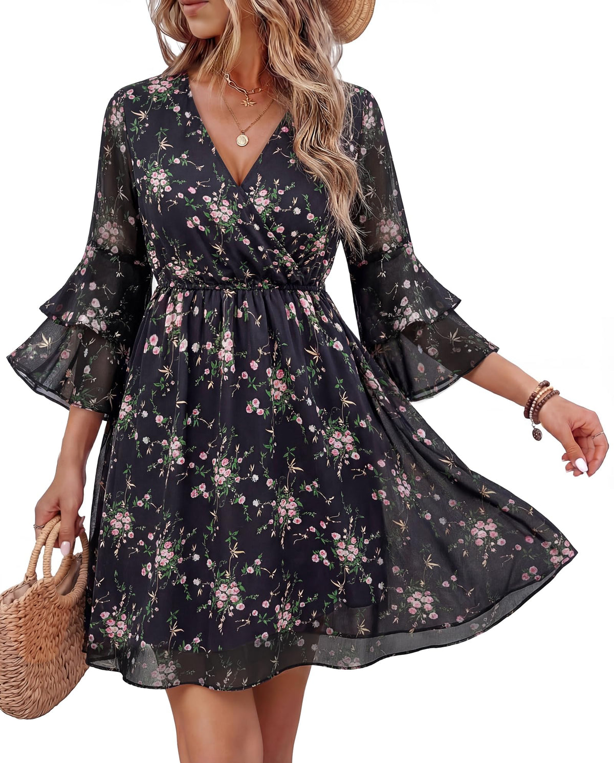 Bebonnie Womens 3/4 Ruffle Sleeve Spring Summer Casual V Neck Flowy Chiffon Layers Dresses