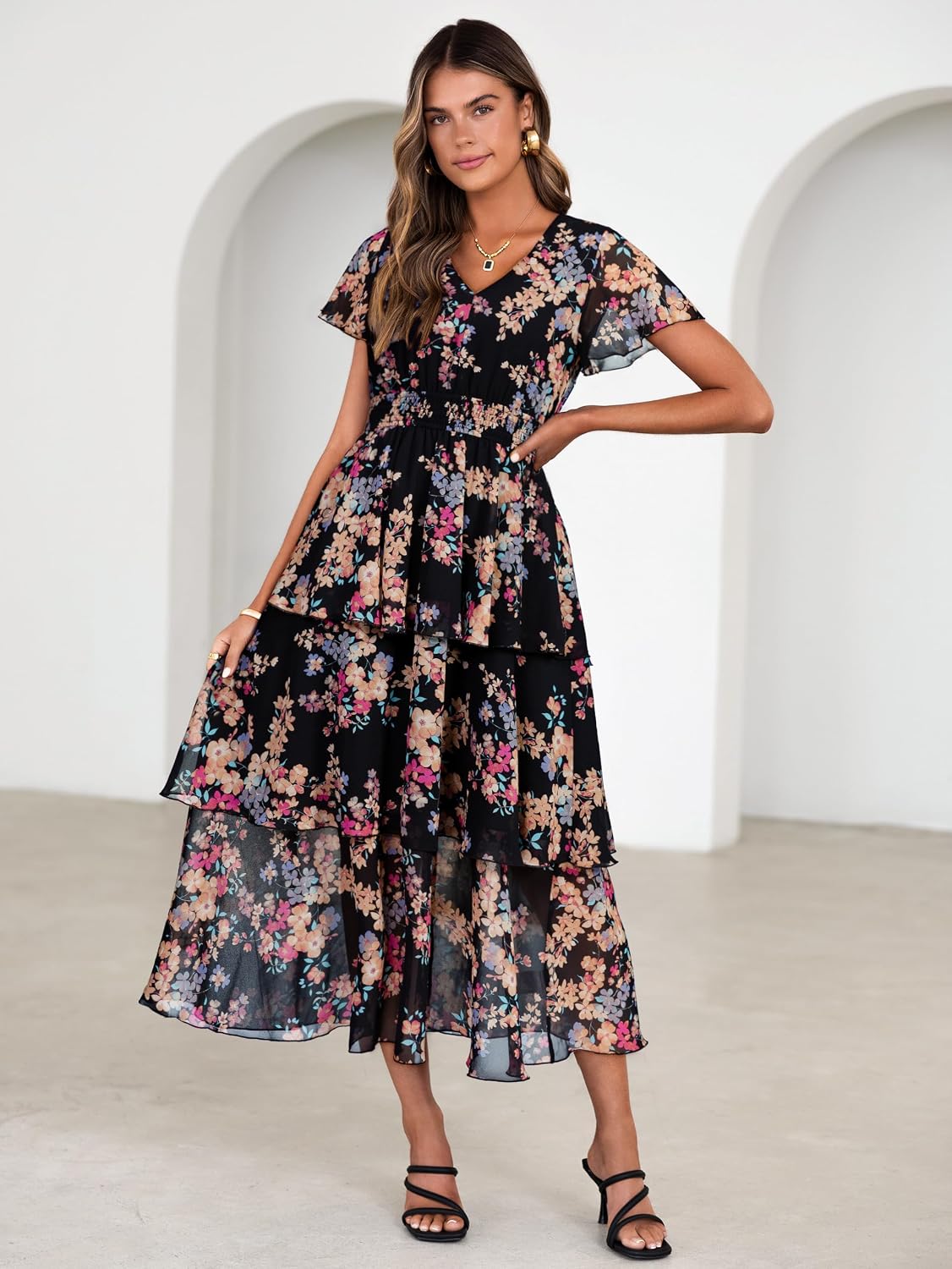 Simplee Women Floral Summer Maxi Dress Boho Flowy Ruffle Tiered Short Sleeves V Neck Long Wedding Guest Dresses