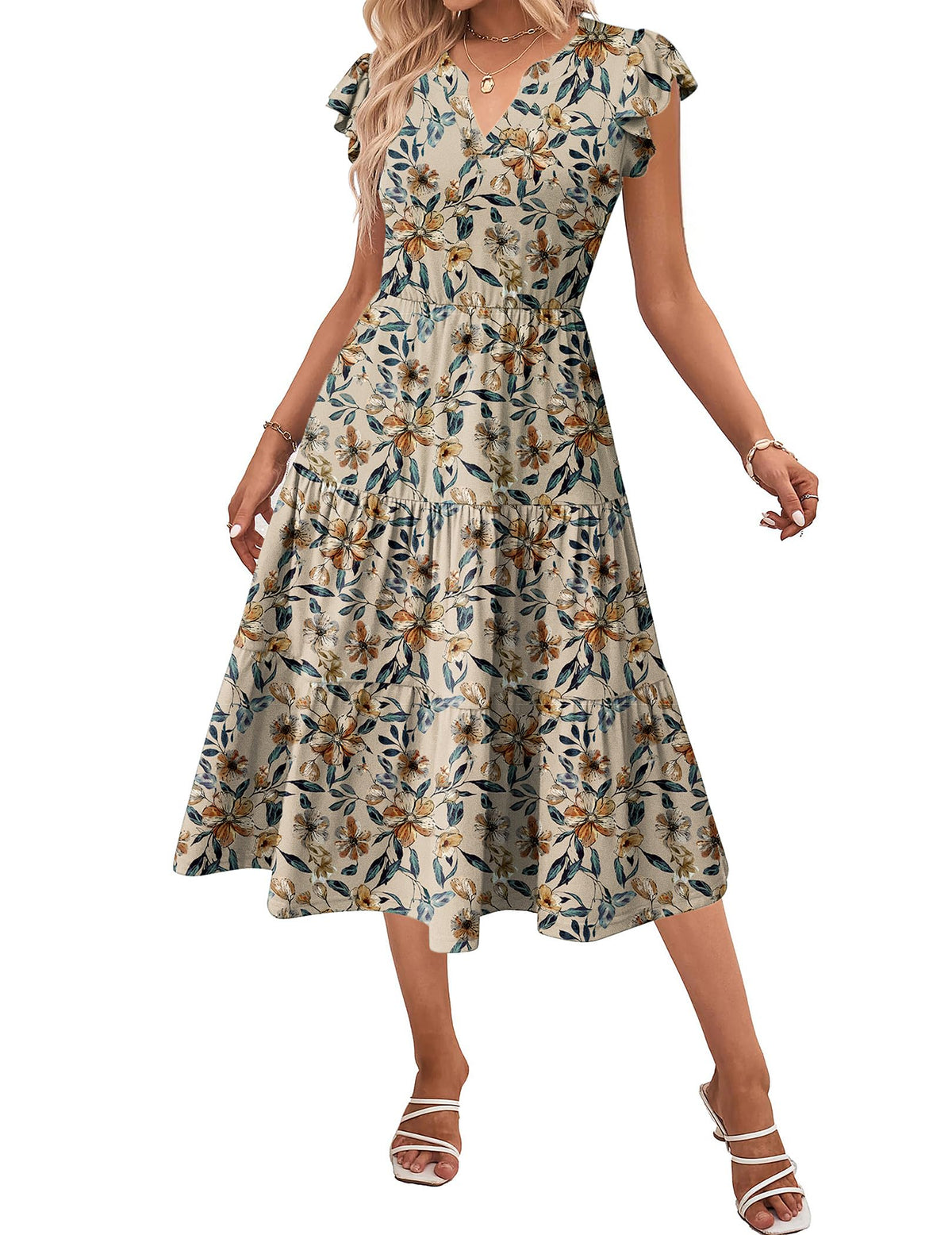 ZEAGOO Womens Summer Casual Dresses Ruffle Sleeve V Neck Midi Dress Flowy Tiered Dress with Pockets Boho Sundresses