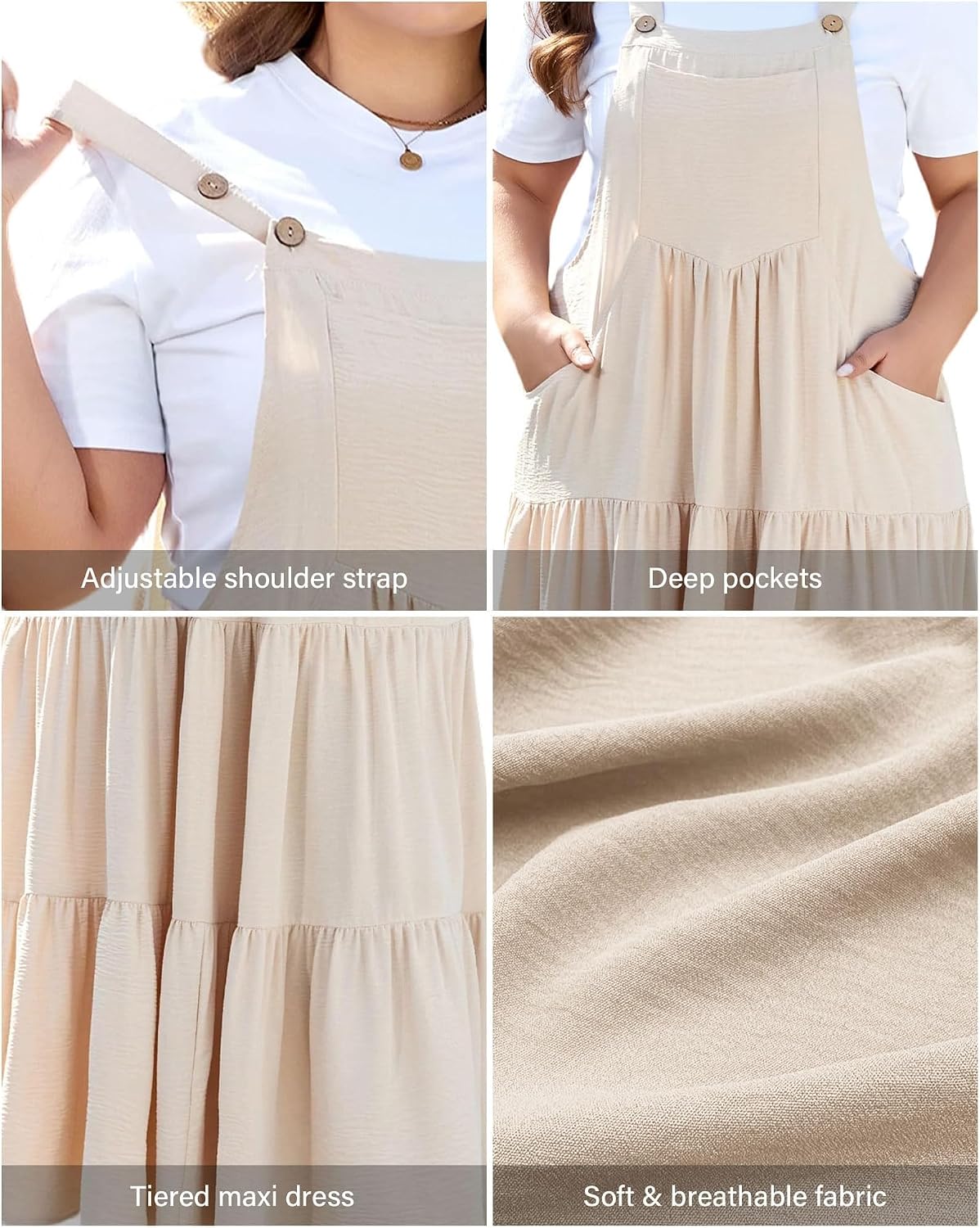Moon Wood Plus Size Overall Dress for Women Summer Casual Maxi Dresses Jumper Dresses with Pockets Adjustable Straps