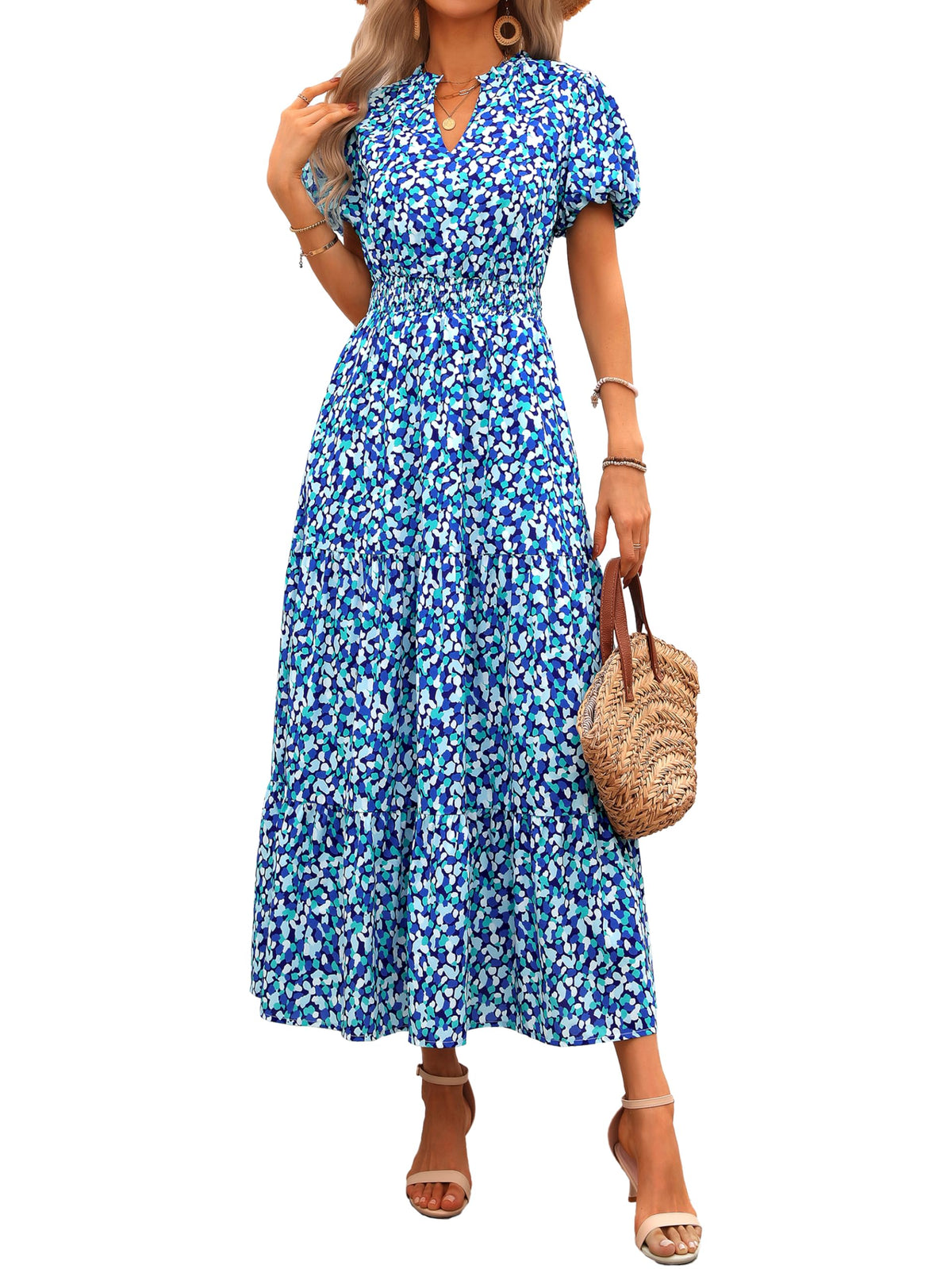 MASCOMODA Summer Maxi Dresses for Women 2026 Short Sleeve Long Floral Dress