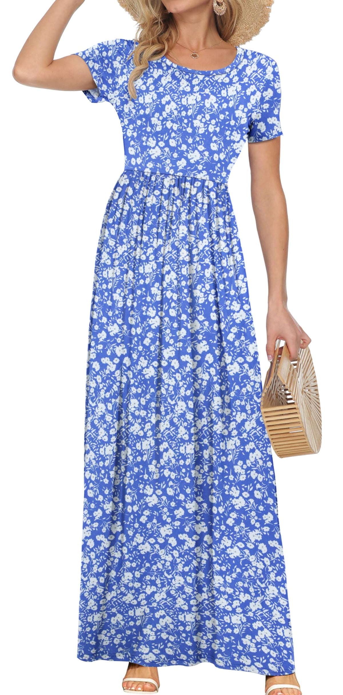 AUSELILY Women's Summer Short Sleeve Loose Plain Casual Long Maxi Dresses