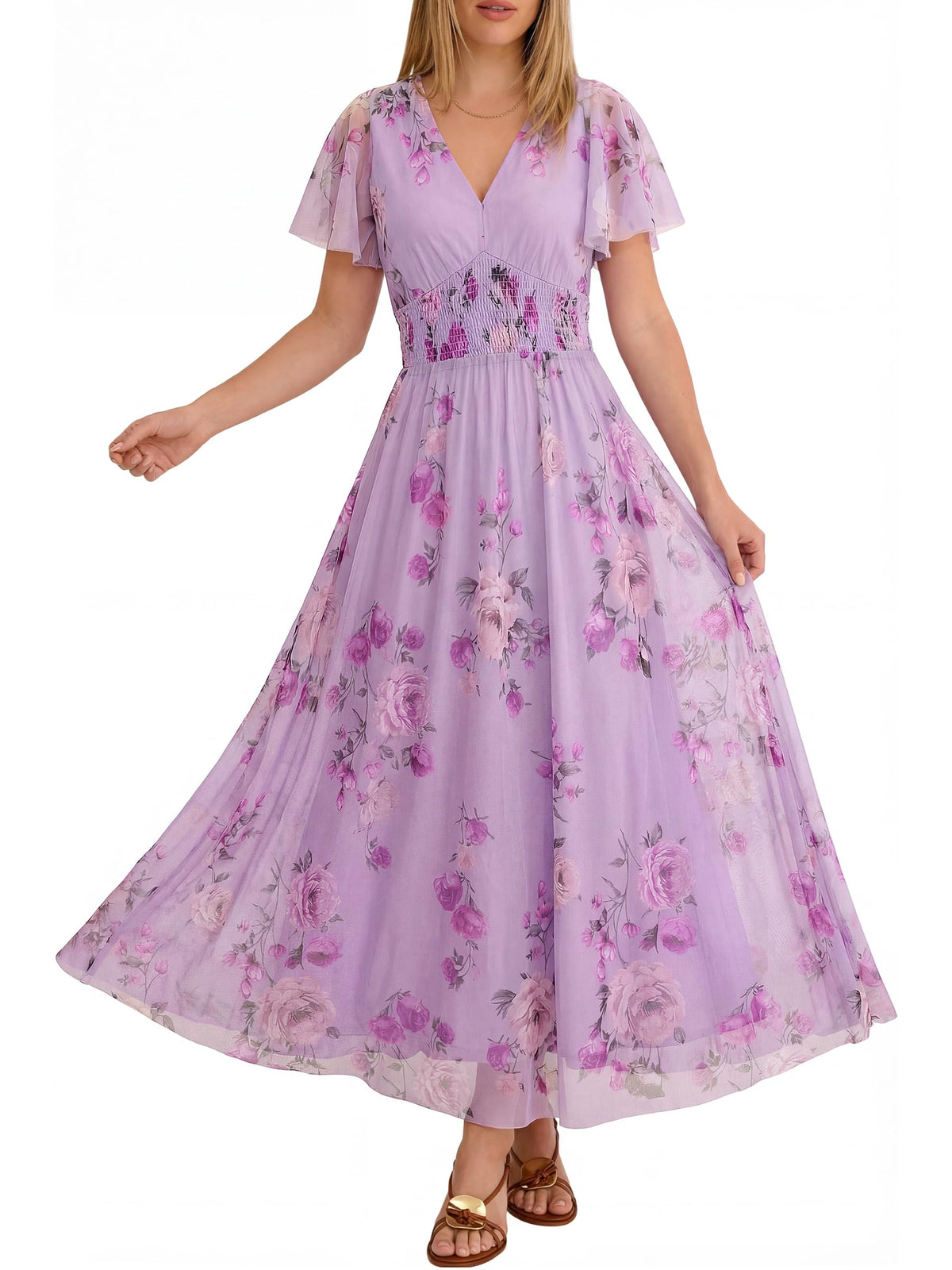 ANRABESS Women's Floral Tulle Wedding Guest Short Sleeve Maxi Dress